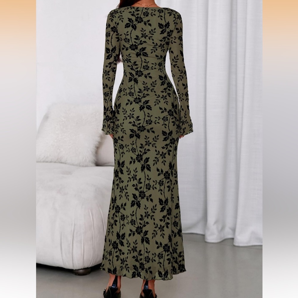 Olive Green Floral Maxi Dress